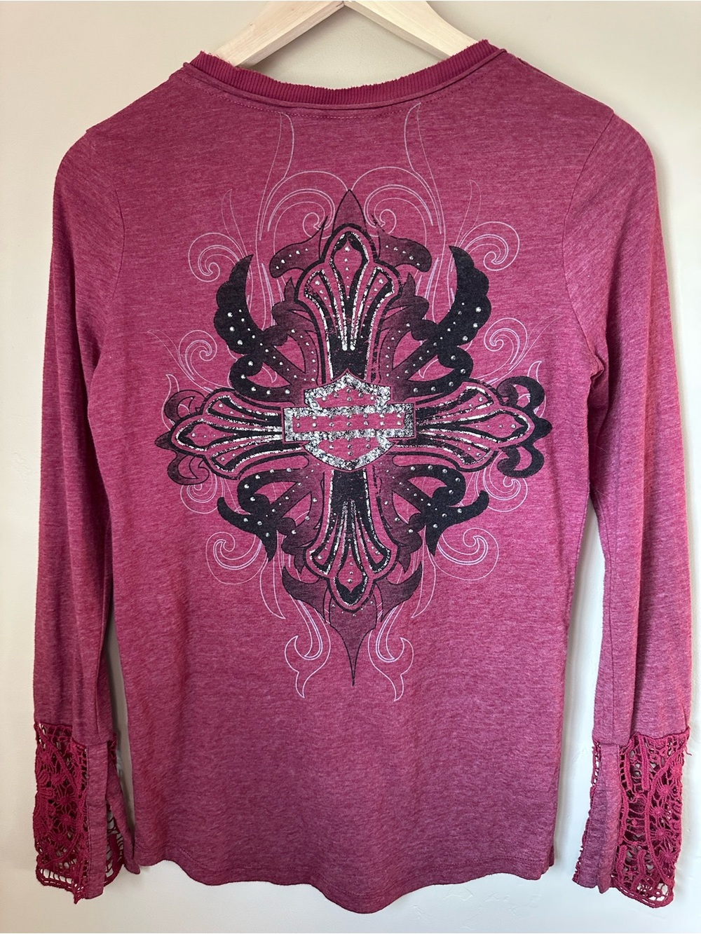 Harley-Davidson Long Sleeve Top with Blinged Out Graphic & Crocheted Sleeves - Picture 2 of 5